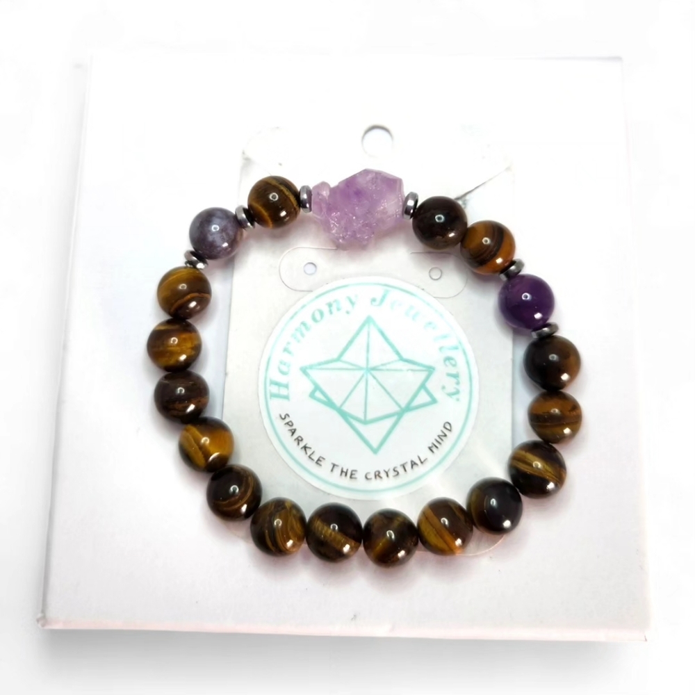8 mm Tiger Eye and Raw Amethyst bracelet
